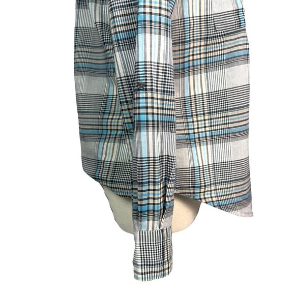 Joie Blouse Womens Size XXS Gray Button-Up Grey Turquoise Plaid V Neck - Picture 8 of 12